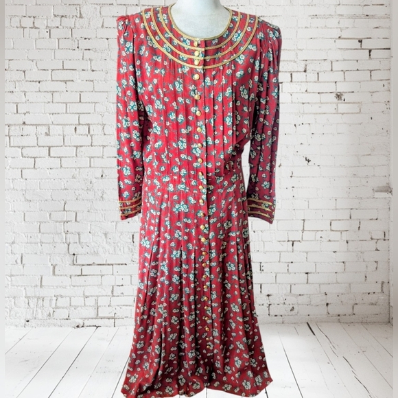 Vintage Dresses & Skirts - Vtg Plaza South Button Down Milkmaid Prairie Red Ditsy Floral Gold Trim Dress L